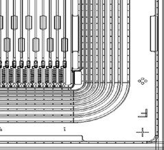 Layout of silicon strip detectors for the SCT. The multi guard ring structure is visible ensuring high breakdown voltages (beyond 500 V).